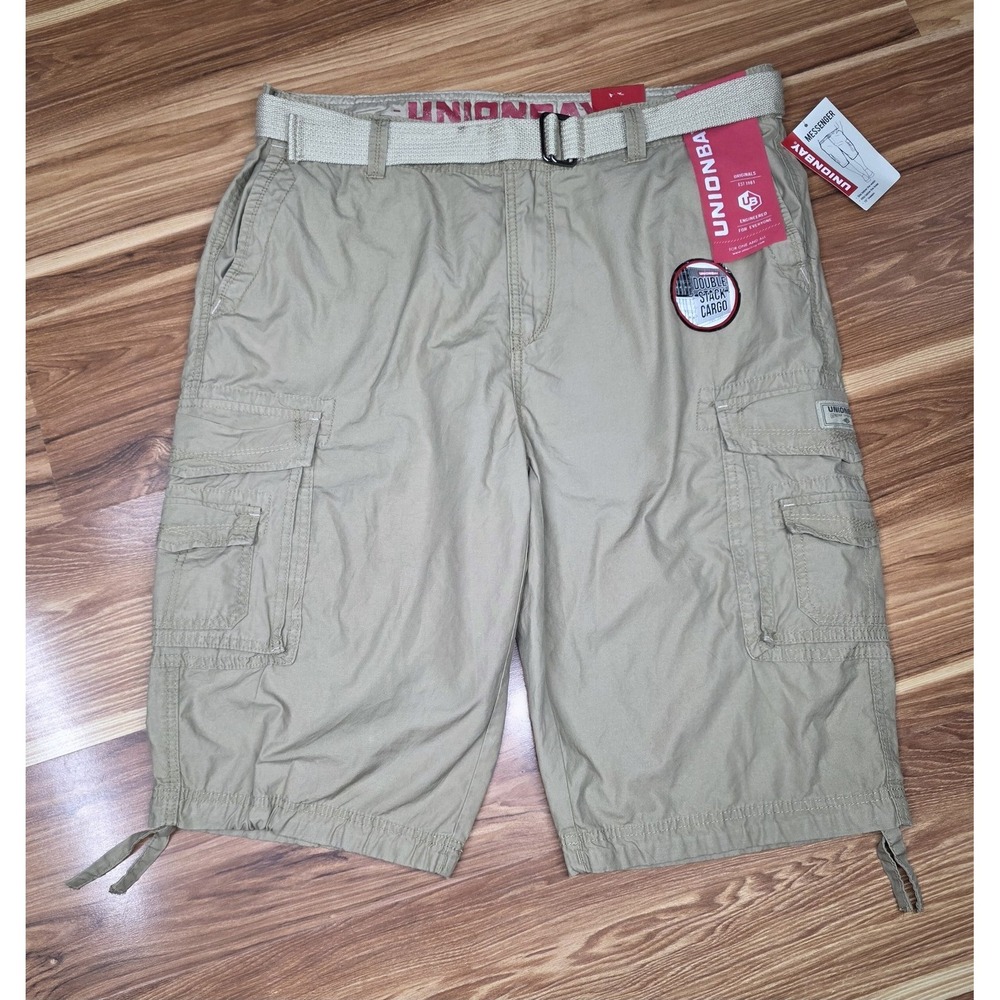 New Unionbay Cargo‎ Shorts Mens 40 Khaki Messenger Double Stack Pockets Belt
